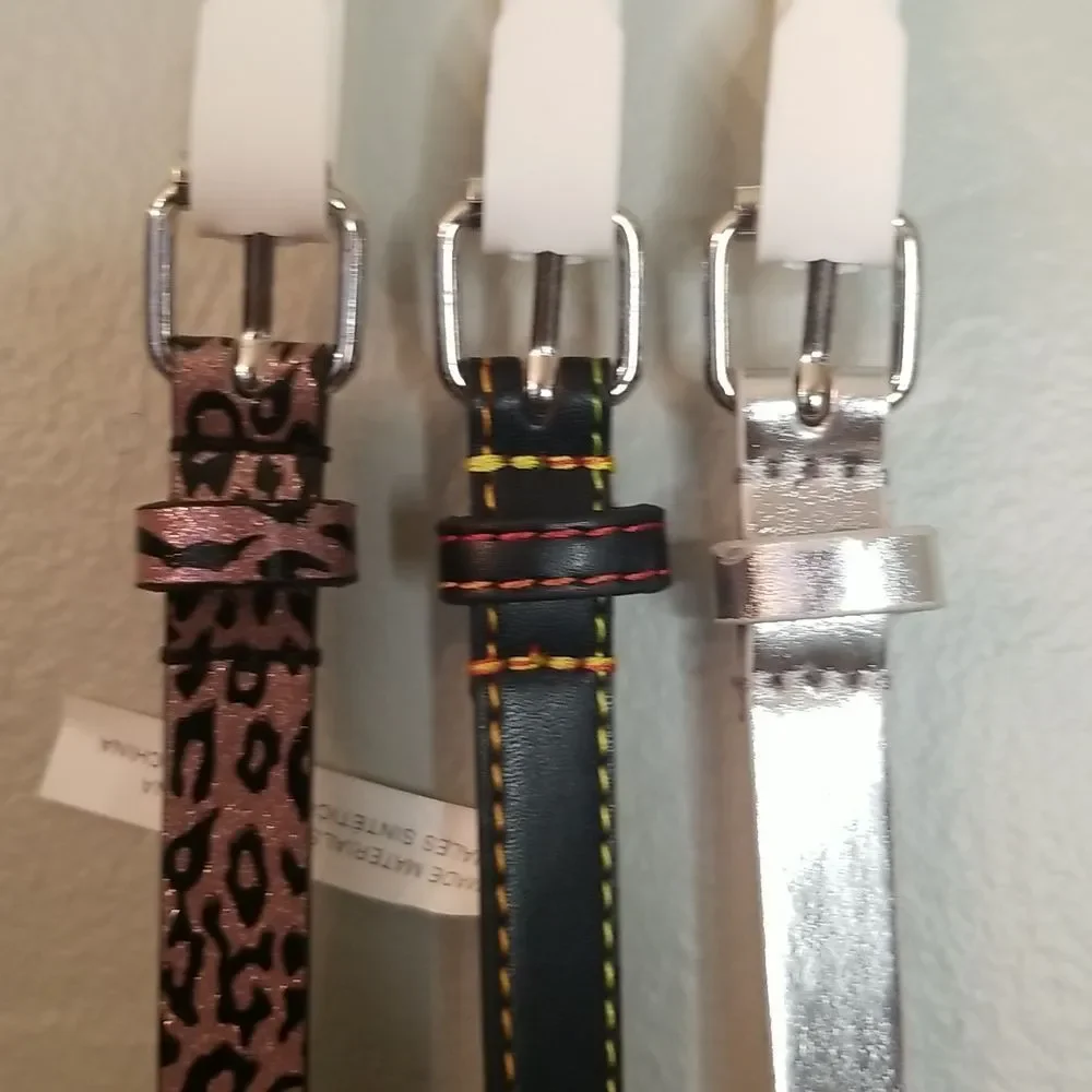 Girls 3 Belt Set Pink Leopard, Black multicolor stitch, & Metallic Silver NWT XL